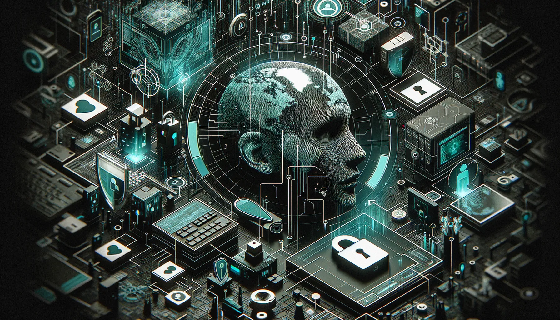 Dark digital identity security banner with padlock, fingerprint, and circuits in light teal.