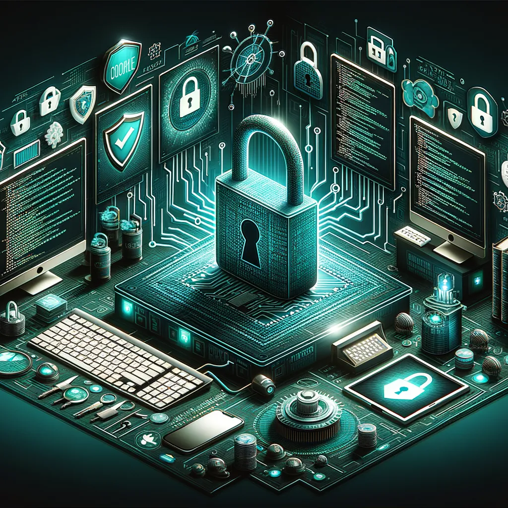 A dark digital art banner with teal accents depicting application security elements like firewalls.