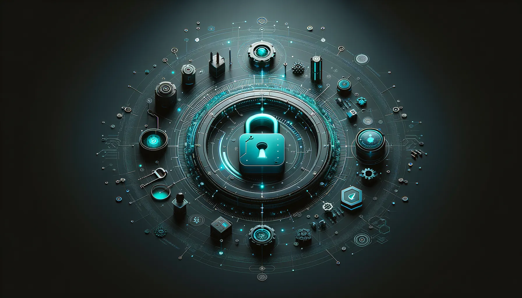 Dark digital art with light teal accents featuring data security symbols and 'Improving Your Data Security'.