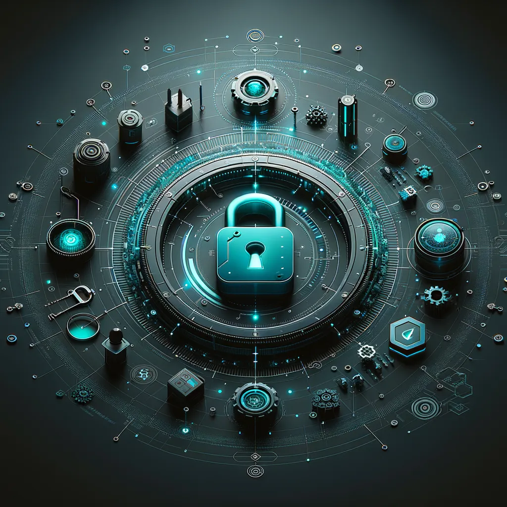 Dark digital art with light teal accents featuring data security symbols and 'Improving Your Data Security'.