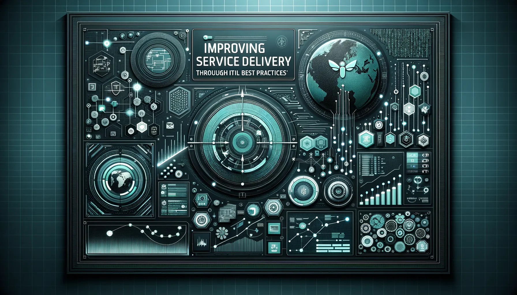Dark photorealistic banner; teal-accented circuit backdrop, ITIL flowchart, abstract tech elements.