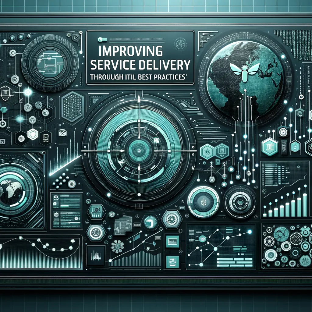 Dark photorealistic banner; teal-accented circuit backdrop, ITIL flowchart, abstract tech elements.