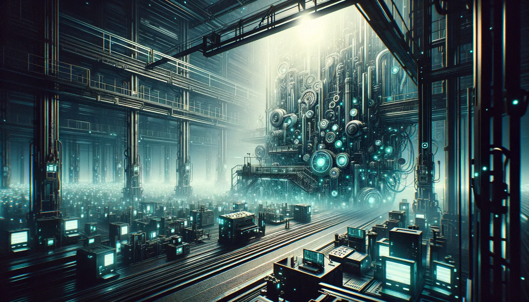 Dark industrial scene with machines, technology, and teal accents symbolizing impact of automation in manufacturing.