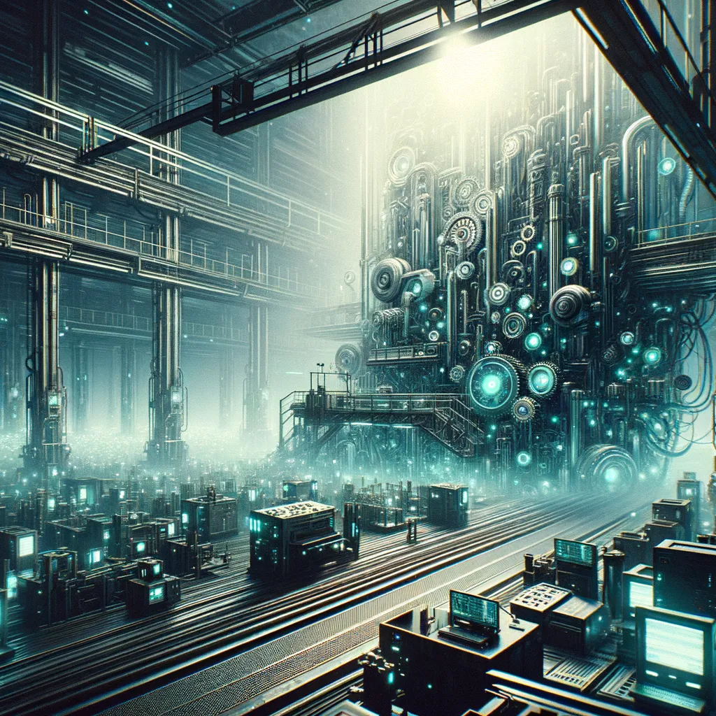 Dark industrial scene with machines, technology, and teal accents symbolizing impact of automation in manufacturing.