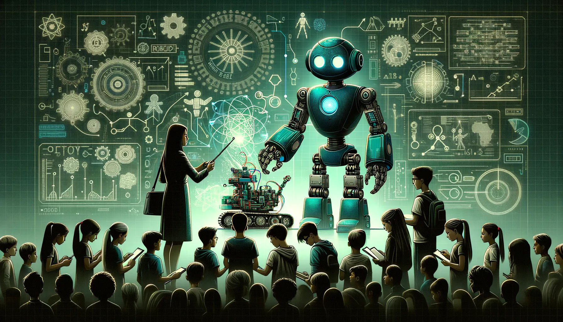 Diverse students, South Asian teacher guide robots in dark teal-accented classroom, tech elements dispersed.
