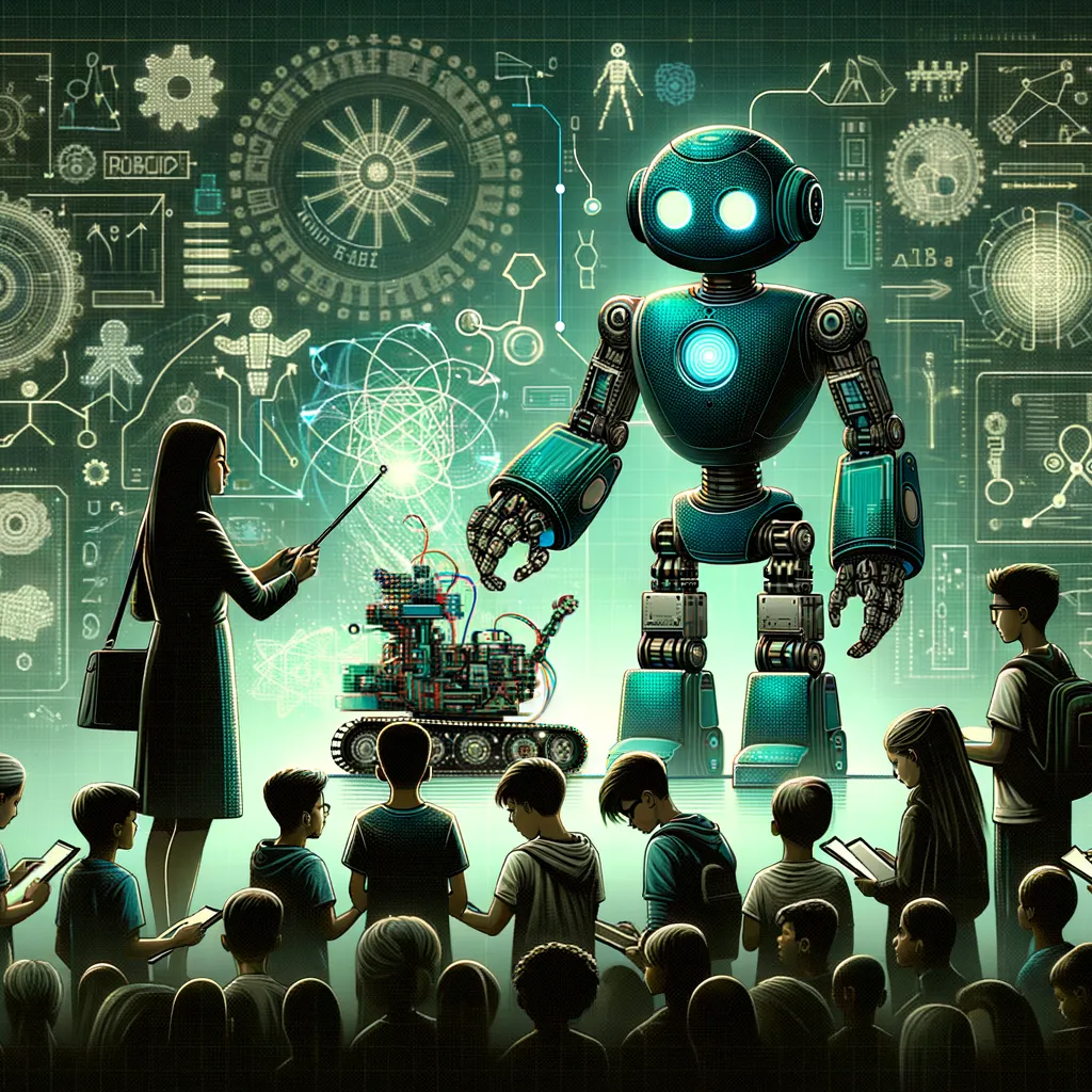 Diverse students, South Asian teacher guide robots in dark teal-accented classroom, tech elements dispersed.