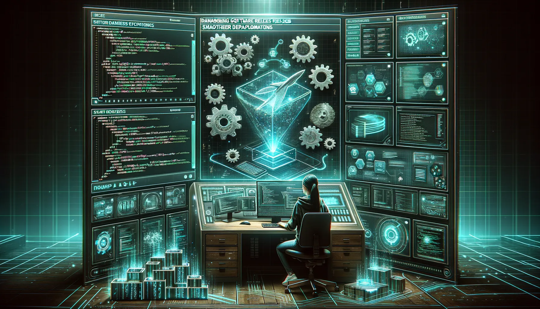 South Asian engineer at teal-lit futuristic console, surrounded by screens, code snippets, and gears.