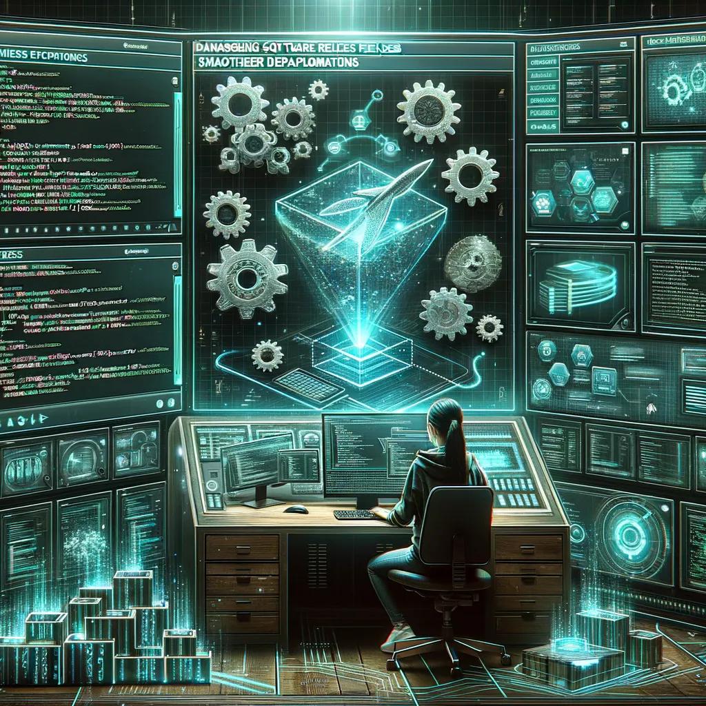 South Asian engineer at teal-lit futuristic console, surrounded by screens, code snippets, and gears.