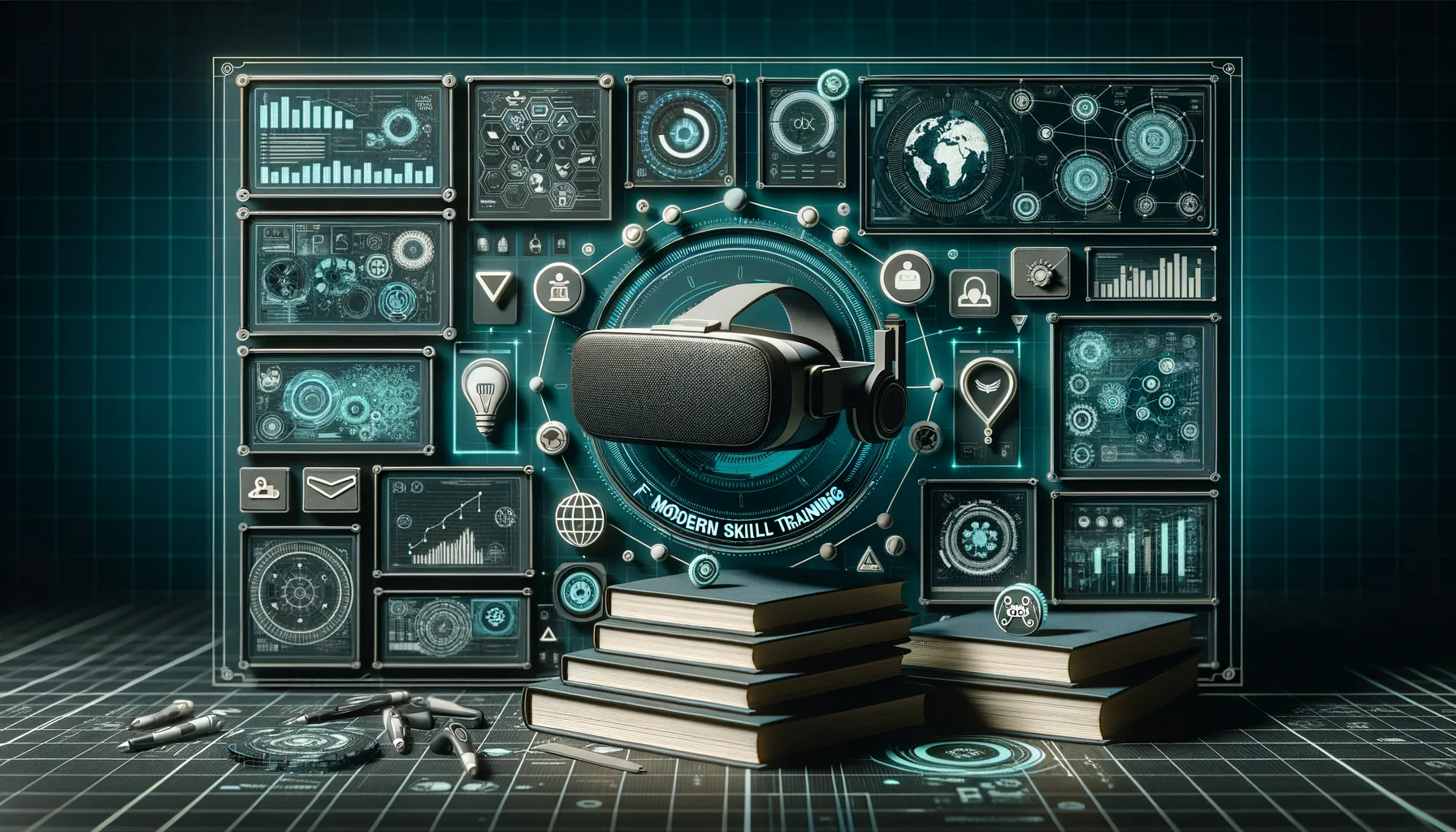 Dark futuristic banner: VR goggles, teal network lines, data screens, book icons symbolize modern learning.