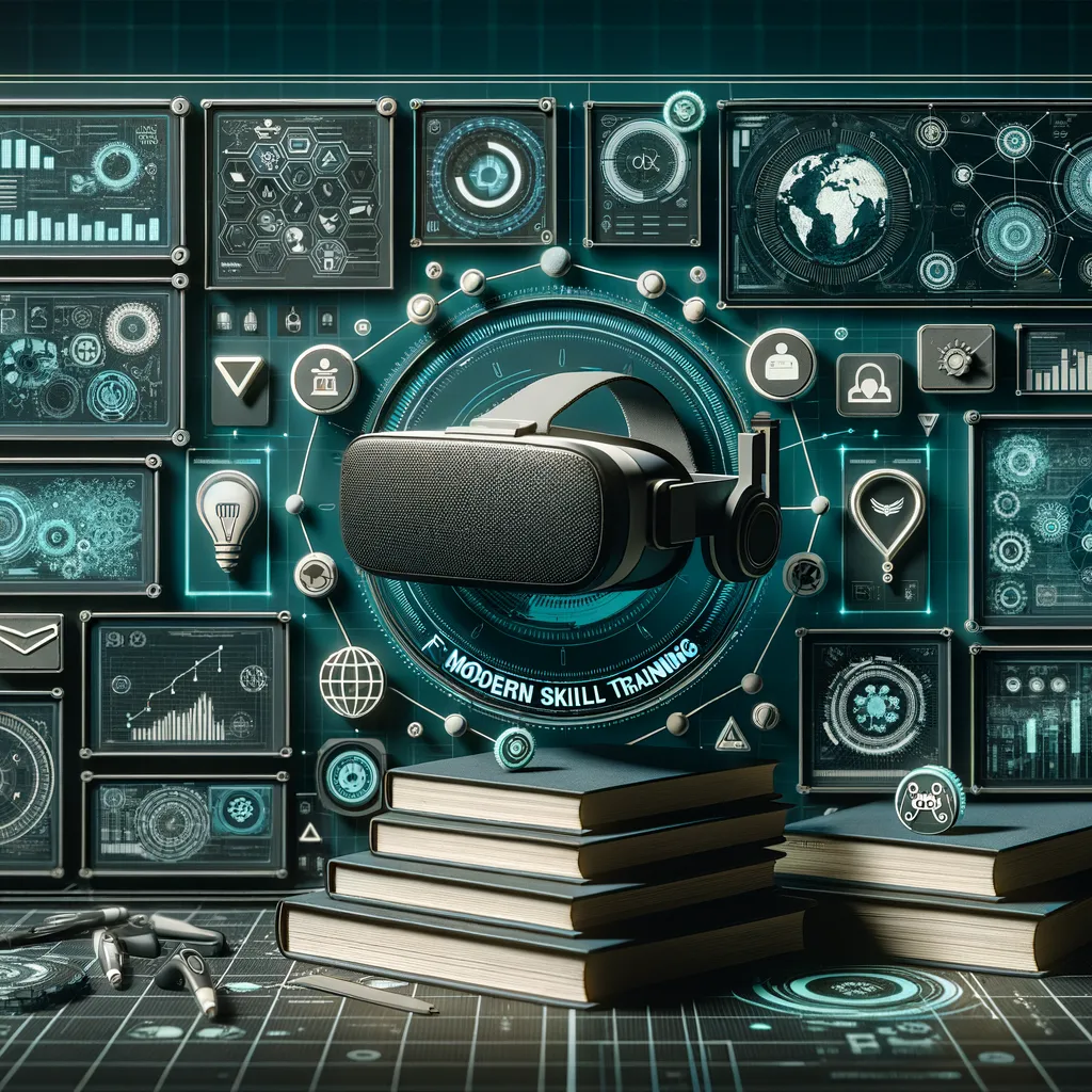 Dark futuristic banner: VR goggles, teal network lines, data screens, book icons symbolize modern learning.