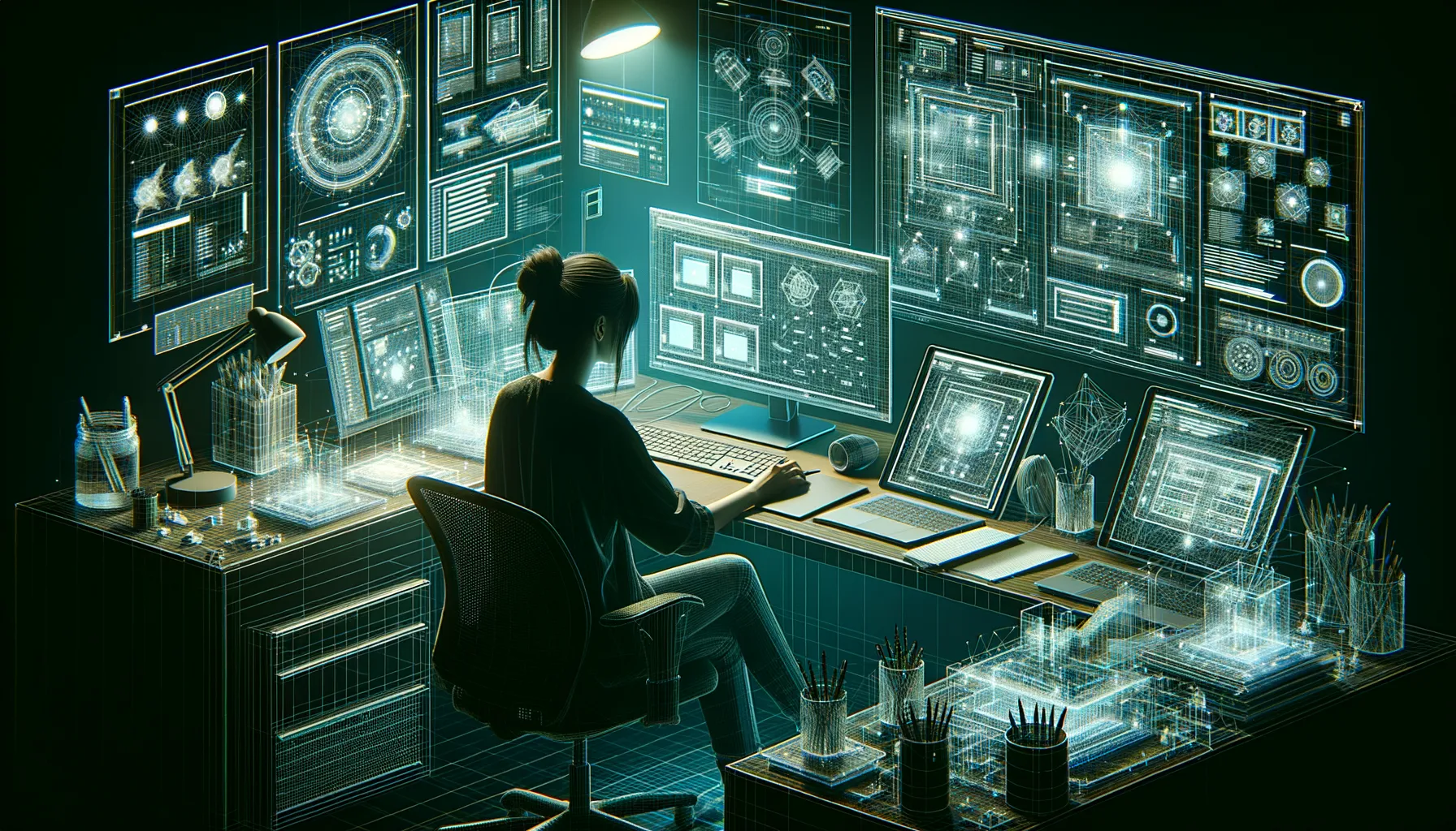 Woman wireframing at computer in dark room with teal accents.