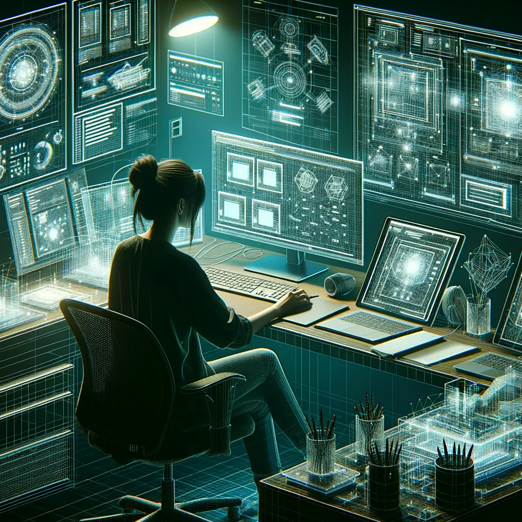 Woman wireframing at computer in dark room with teal accents.