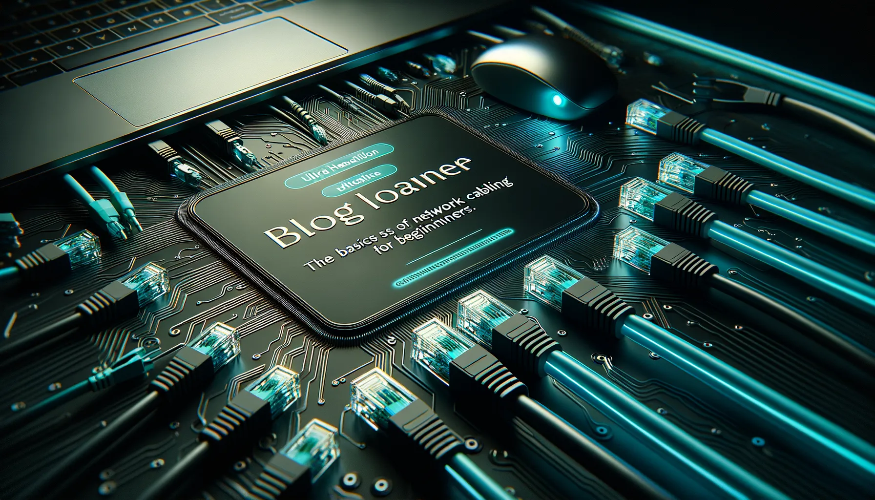 Dark tech-themed banner featuring intricate network cabling designs, with pops of light teal accents.