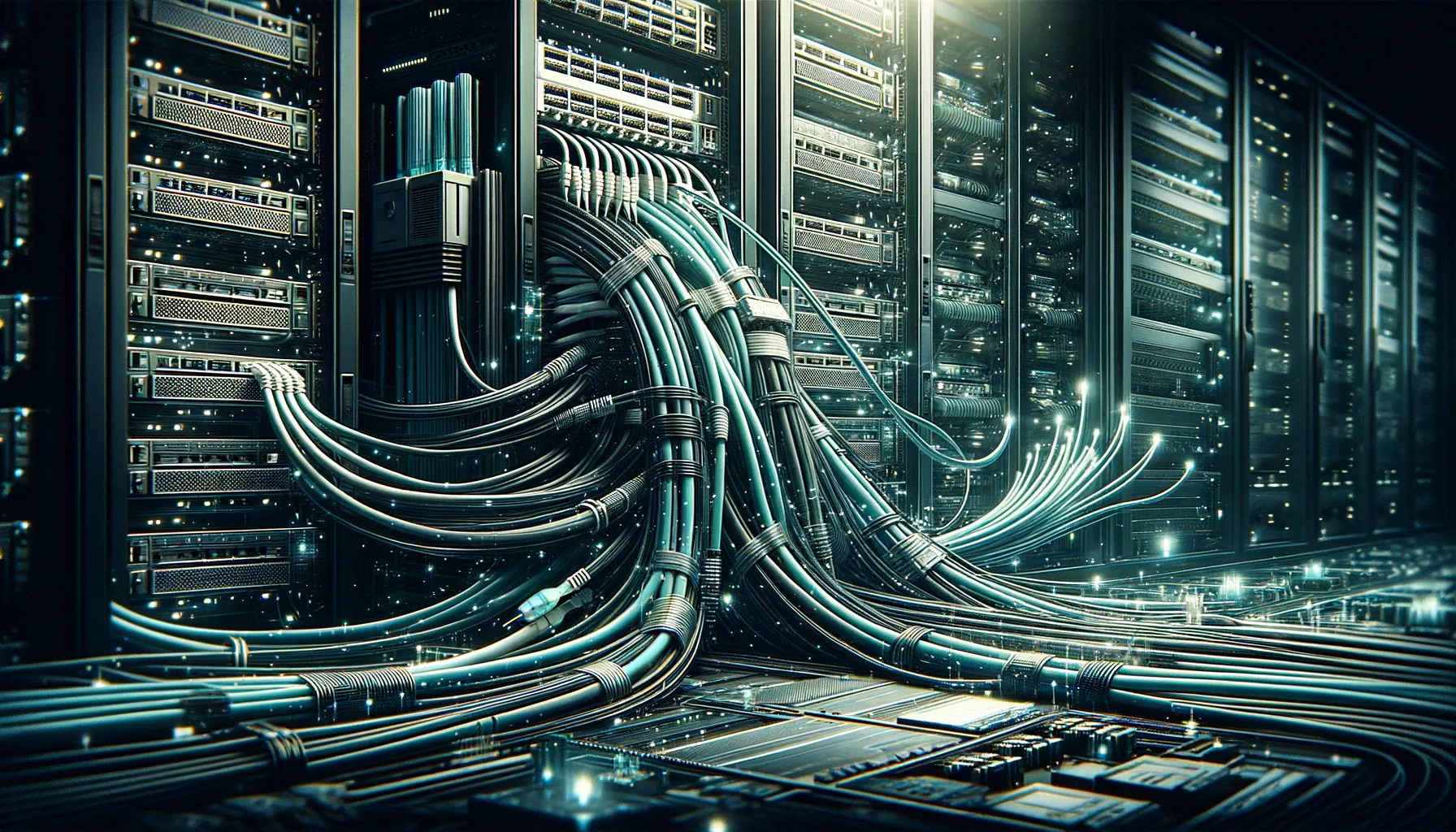 Digital art blog banner: intricate network cables, server rooms, data centers in dark hues with teal.