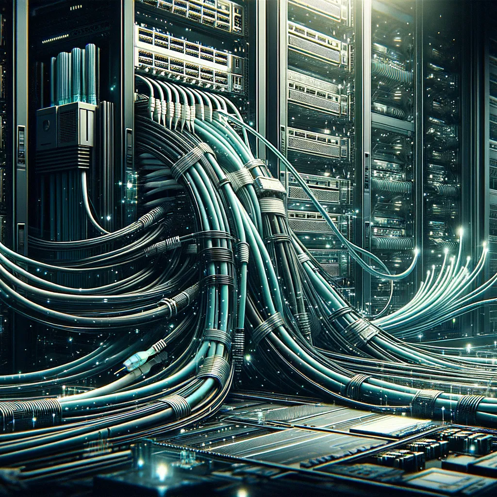 Digital art blog banner: intricate network cables, server rooms, data centers in dark hues with teal.