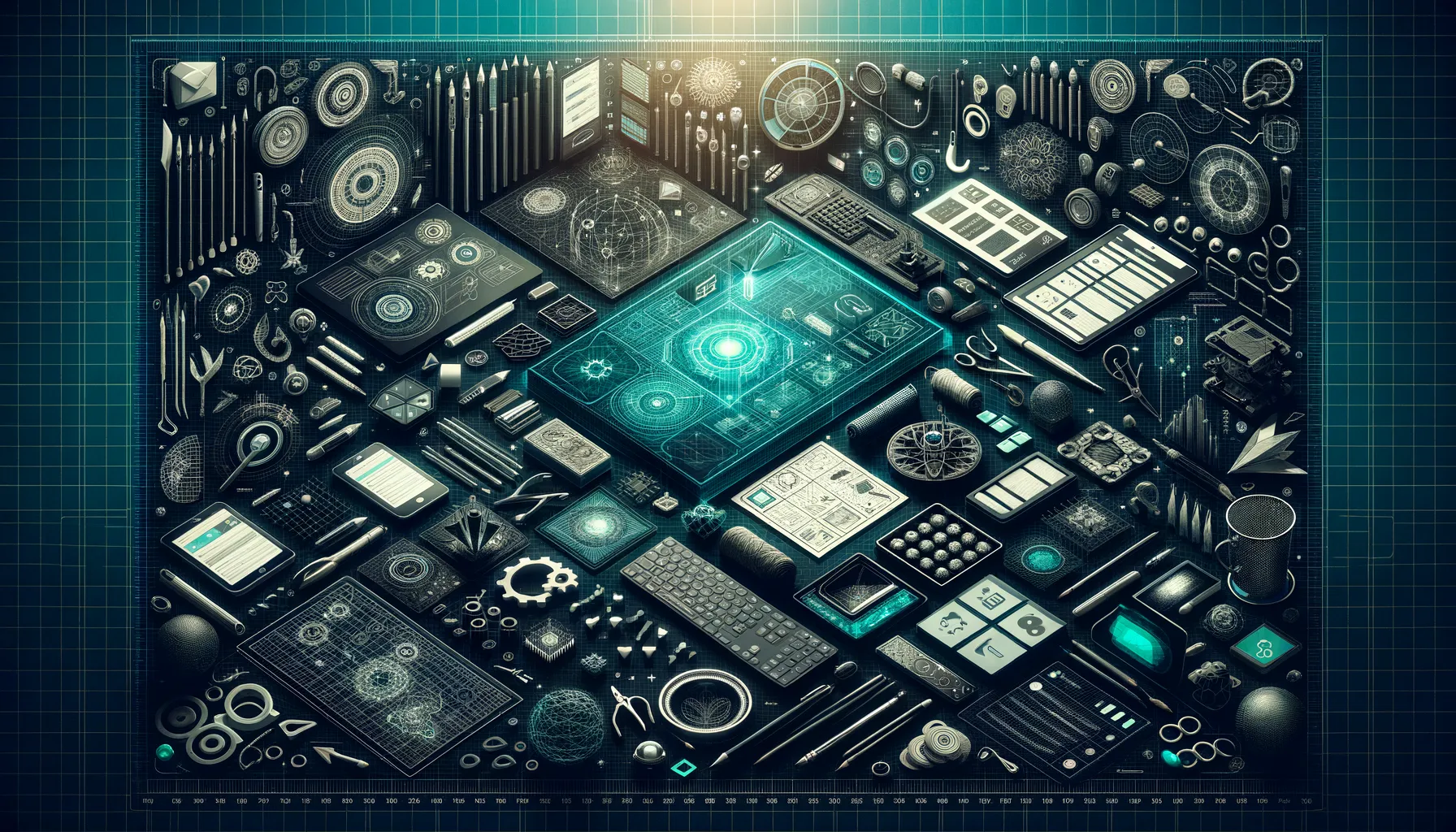 Dark, teal-accented tech banner with wireframes, grids, UI mockups, prototyping symbols, team collaboration.