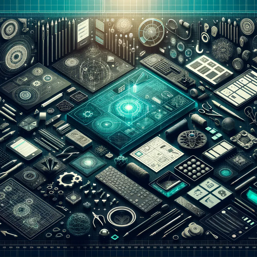 Dark, teal-accented tech banner with wireframes, grids, UI mockups, prototyping symbols, team collaboration.