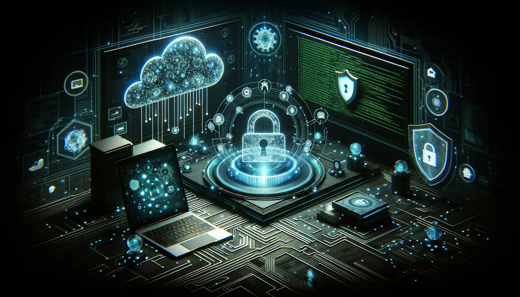 Dark teal cyber scene with glowing code on screens, lock and shield protecting small businesses.