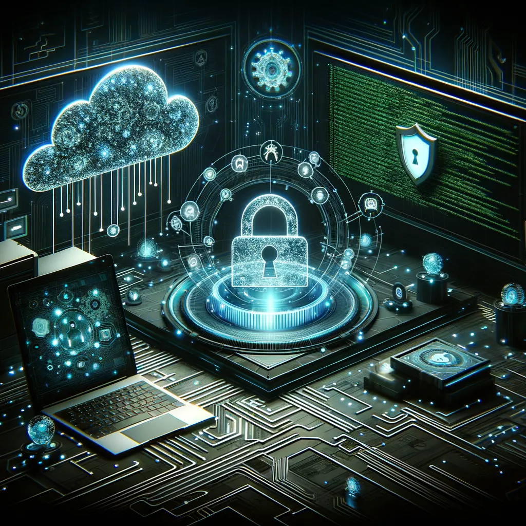 Dark teal cyber scene with glowing code on screens, lock and shield protecting small businesses.