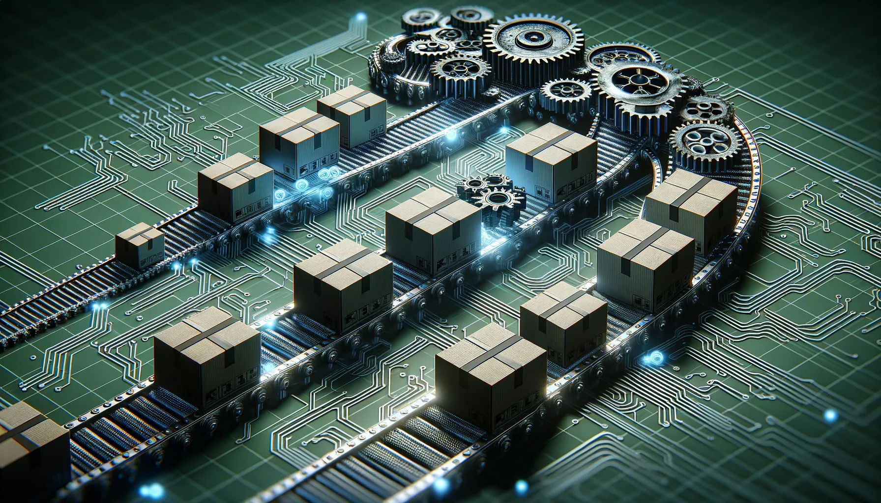 Smoothly turning gears and moving boxes on digital circuitry, dark theme with teal highlights.