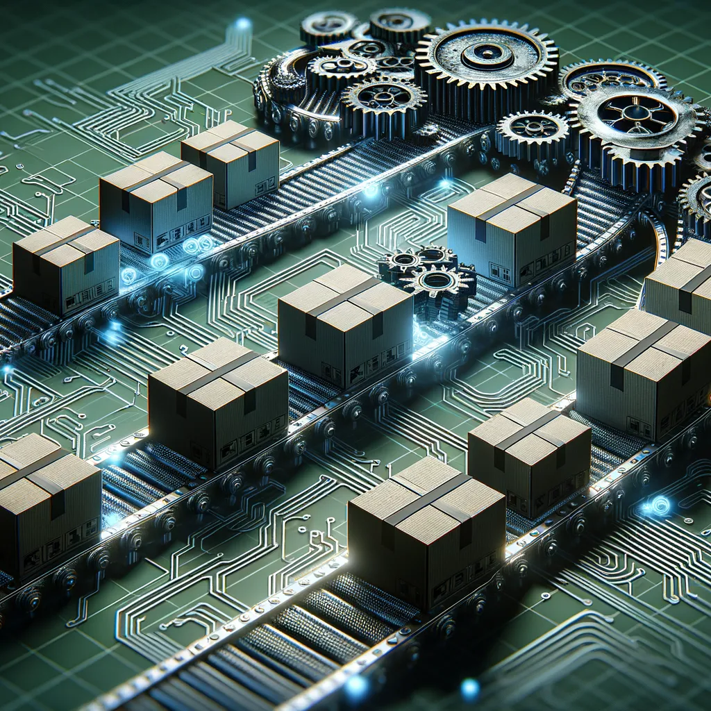 Smoothly turning gears and moving boxes on digital circuitry, dark theme with teal highlights.