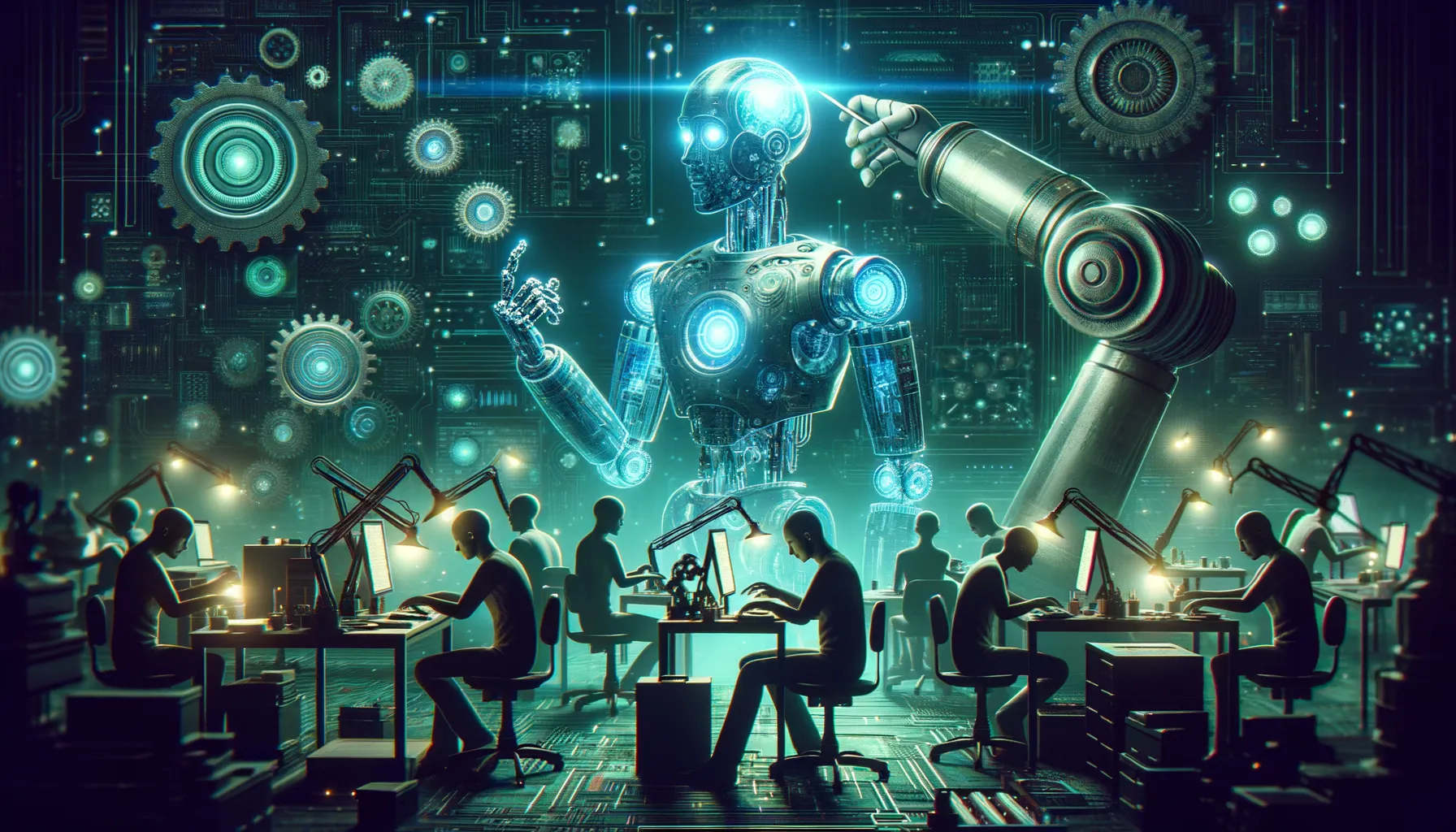 Dark, high-tech lab with teal-glowing robots, holograms, and schematics; late-night innovation vibe.