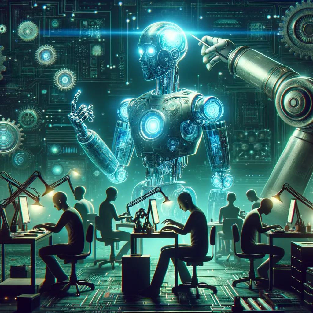 Dark, high-tech lab with teal-glowing robots, holograms, and schematics; late-night innovation vibe.