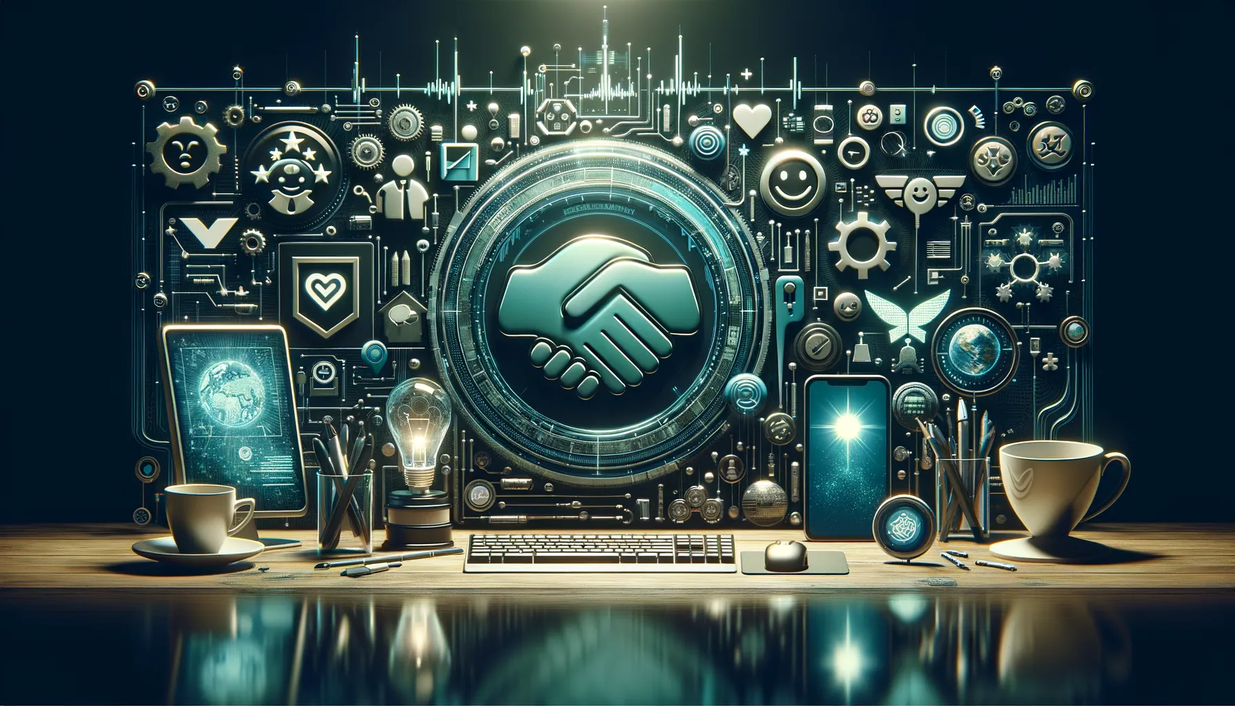 Dark photorealistic scene combining handshakes, smiles, trophies with futuristic tech, teal accents.