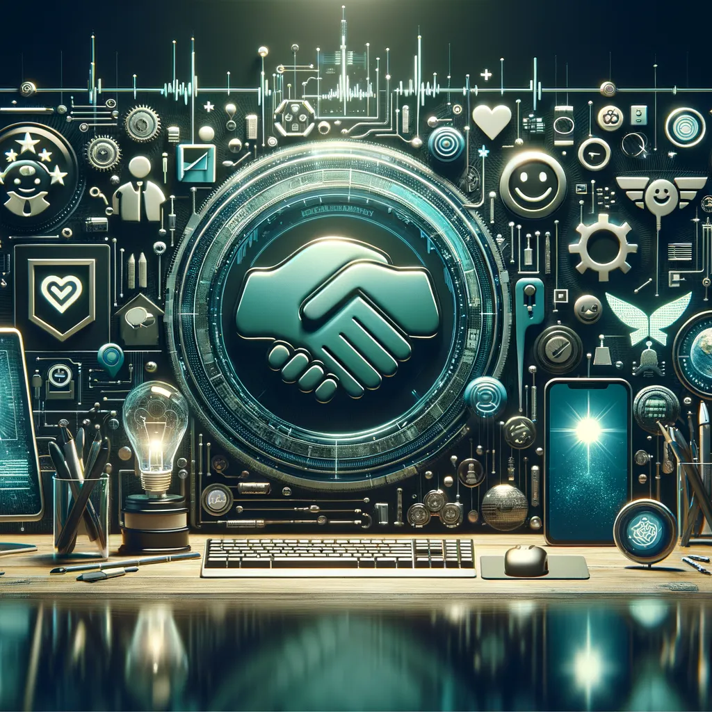 Dark photorealistic scene combining handshakes, smiles, trophies with futuristic tech, teal accents.