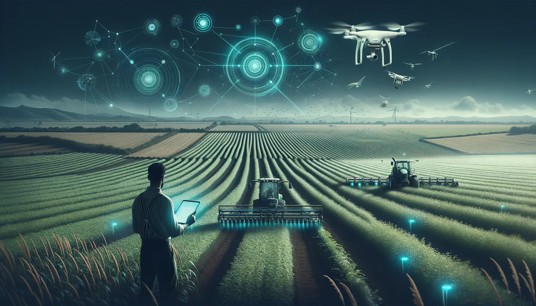 A drone flies over a large field, contrasting traditional farming with modern technology.