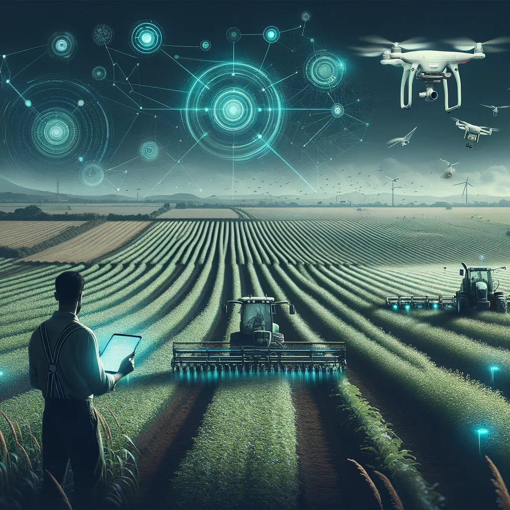 A drone flies over a large field, contrasting traditional farming with modern technology.