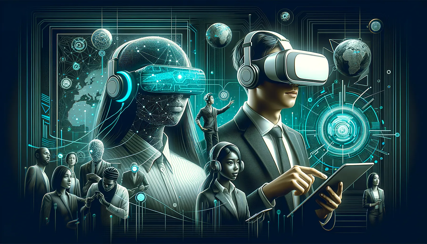 Futuristic VR social networking, dark teal glow; Asian man and Black woman wearing headsets.