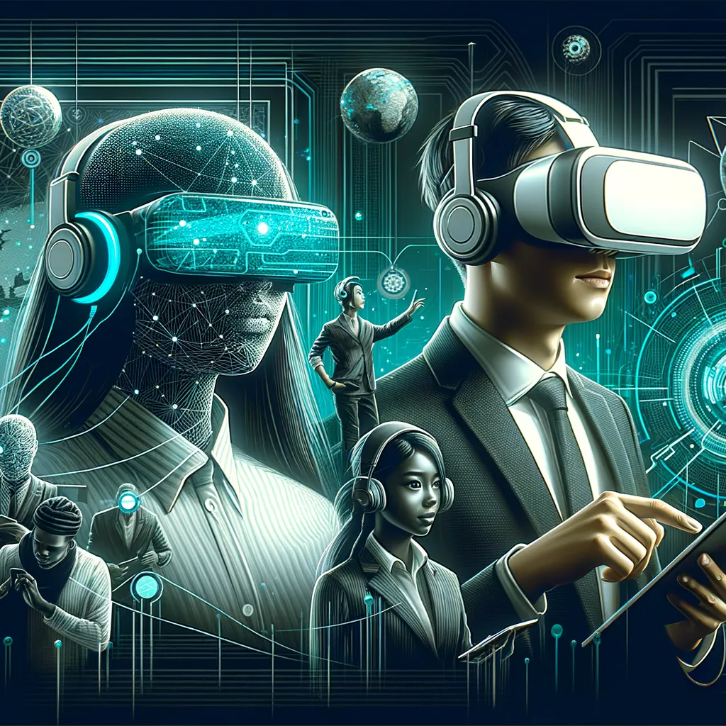 Futuristic VR social networking, dark teal glow; Asian man and Black woman wearing headsets.