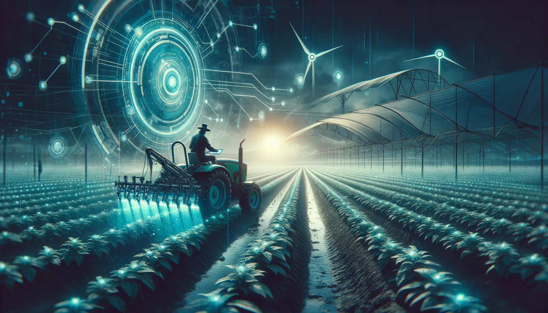 A dark farm lit by teal futuristic tech illustrating smart agriculture's transformation.