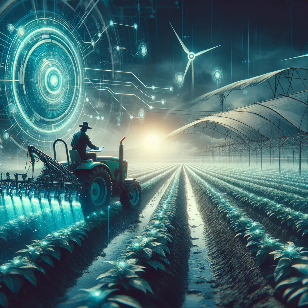 A dark farm lit by teal futuristic tech illustrating smart agriculture's transformation.