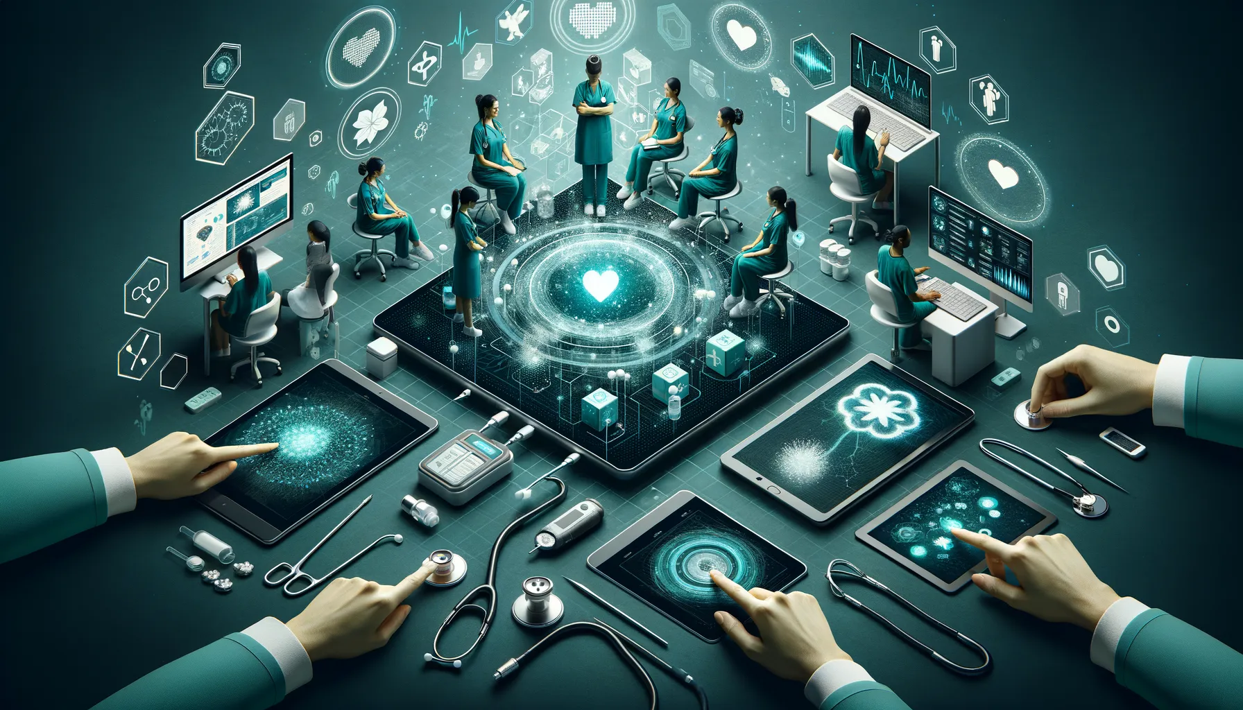 Dark teal futuristic hospital; glowing interfaces connect doctor and patient via tablets and wearables.