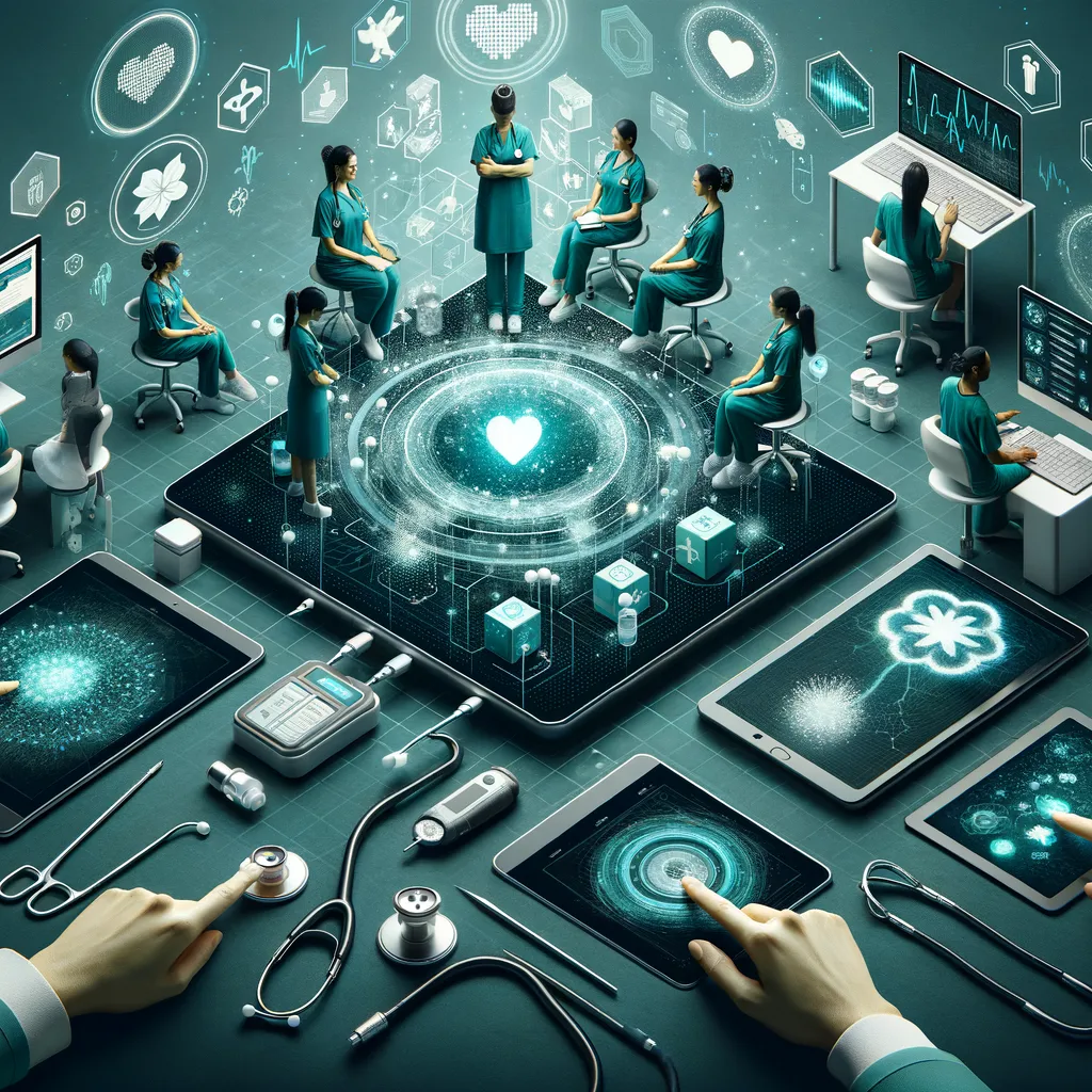 Dark teal futuristic hospital; glowing interfaces connect doctor and patient via tablets and wearables.