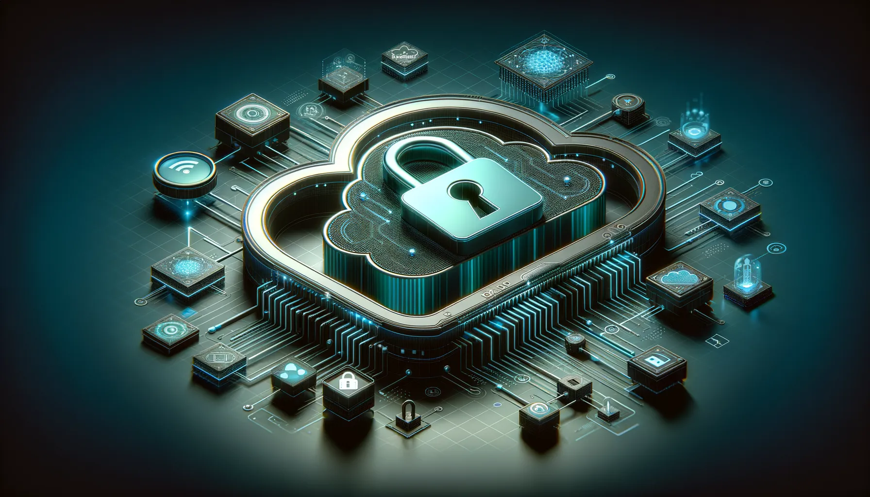 Tech blog banner: dark teal lock symbol, cloud graphics, tech designs symbolizing cloud security.