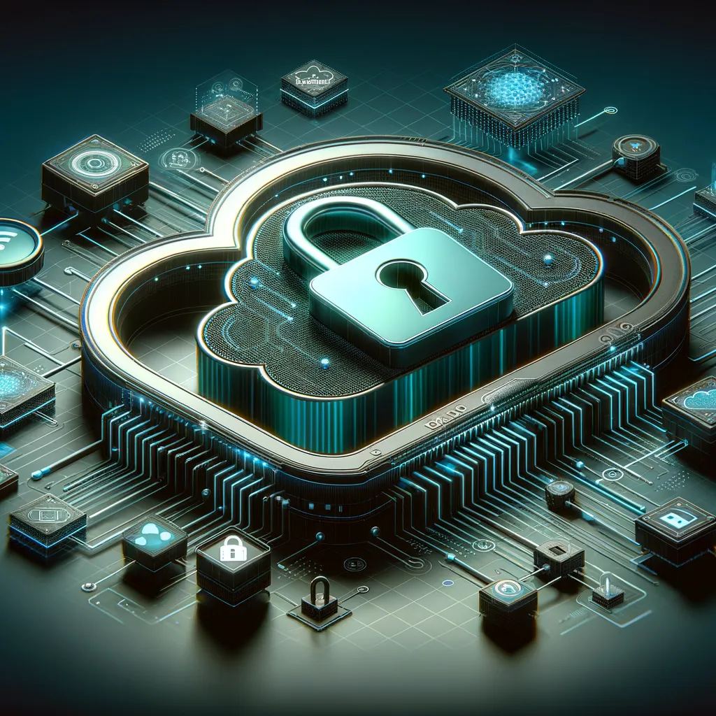 Tech blog banner: dark teal lock symbol, cloud graphics, tech designs symbolizing cloud security.