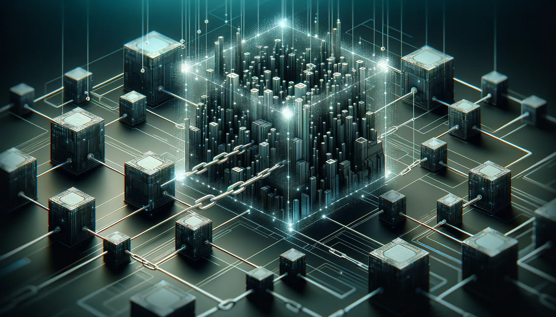 Dark photorealistic blockchain networks with teal accents, sophisticated business leadership technology theme.