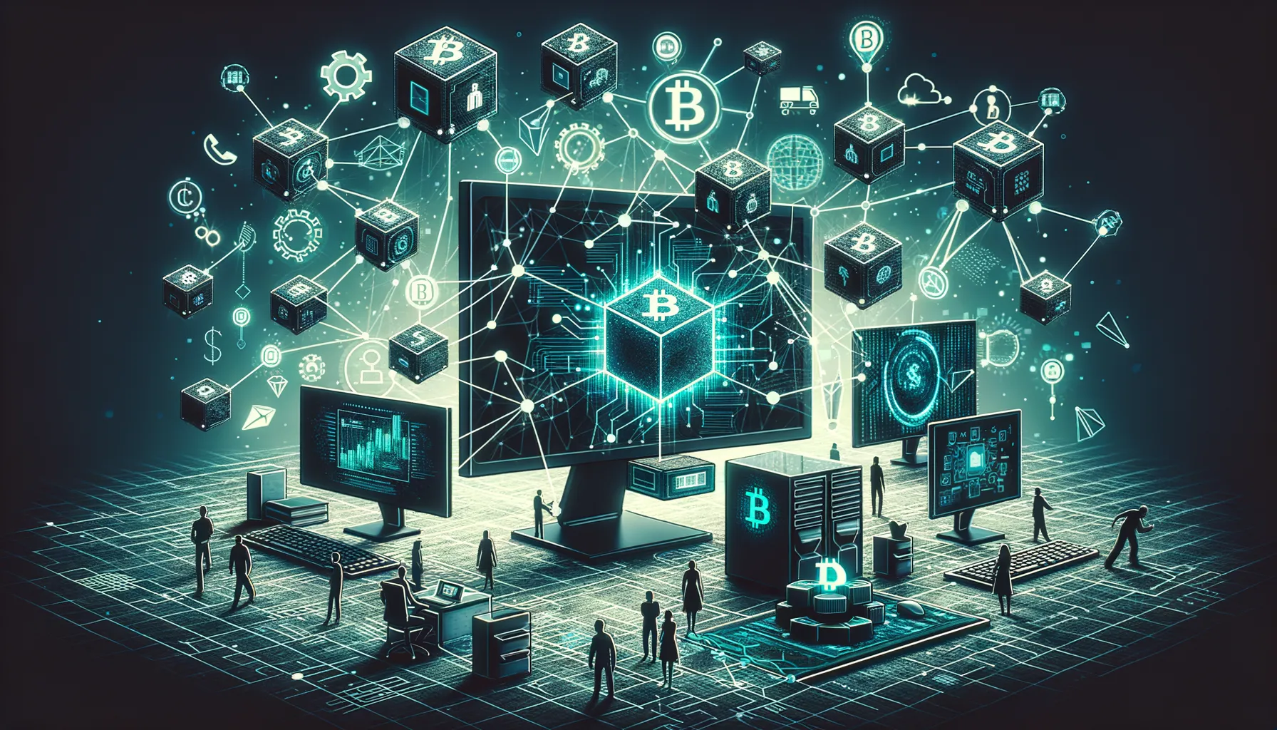 Digital art banner with blockchain theme: computers, network connections, interlinked blocks, diverse workforce engaging.