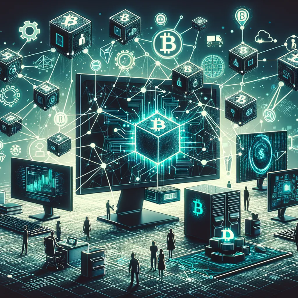 Digital art banner with blockchain theme: computers, network connections, interlinked blocks, diverse workforce engaging.