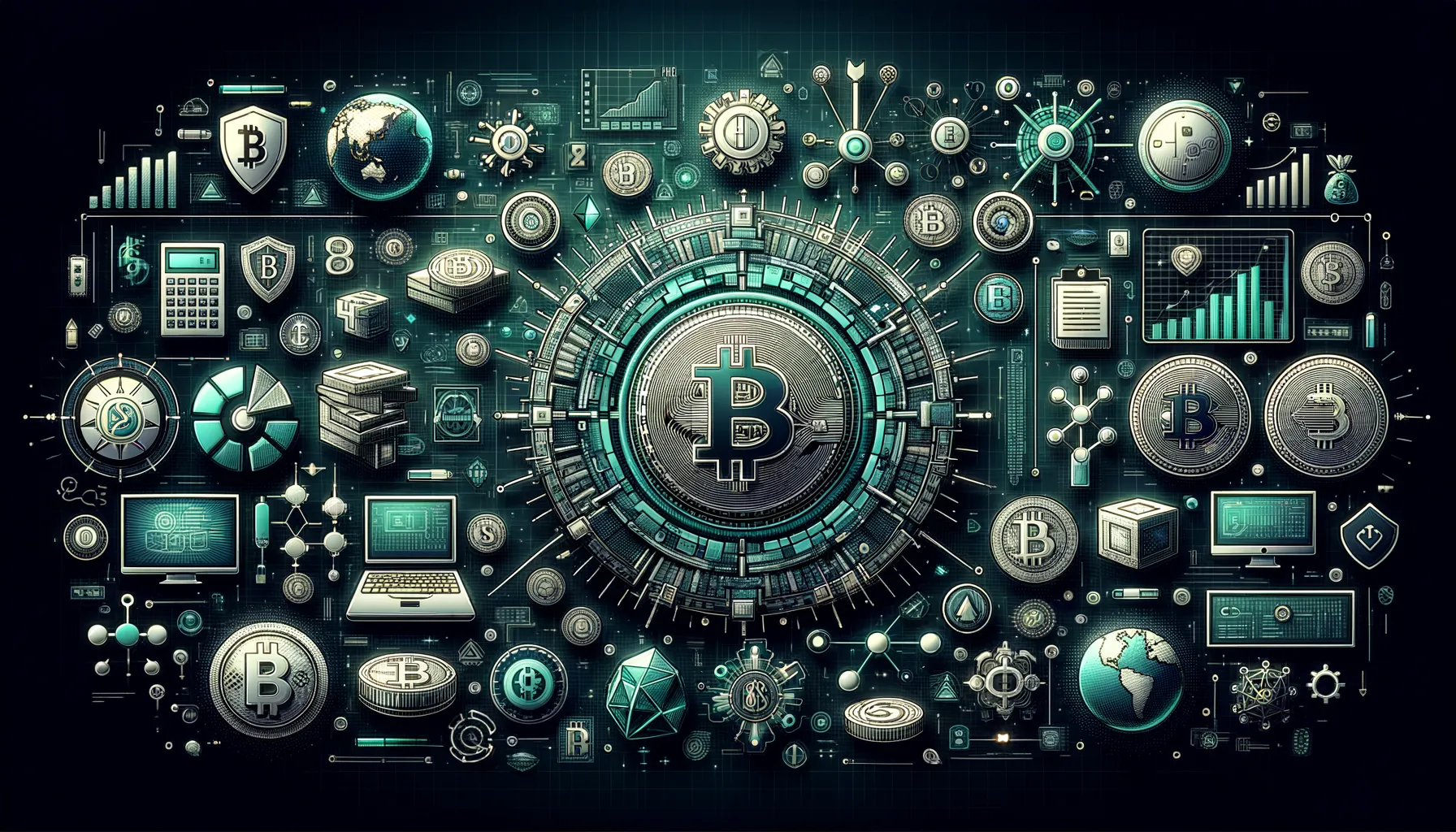 Cryptocurrency themed blog banner with high-res digital art, technology context, teal accents, informative symbols.