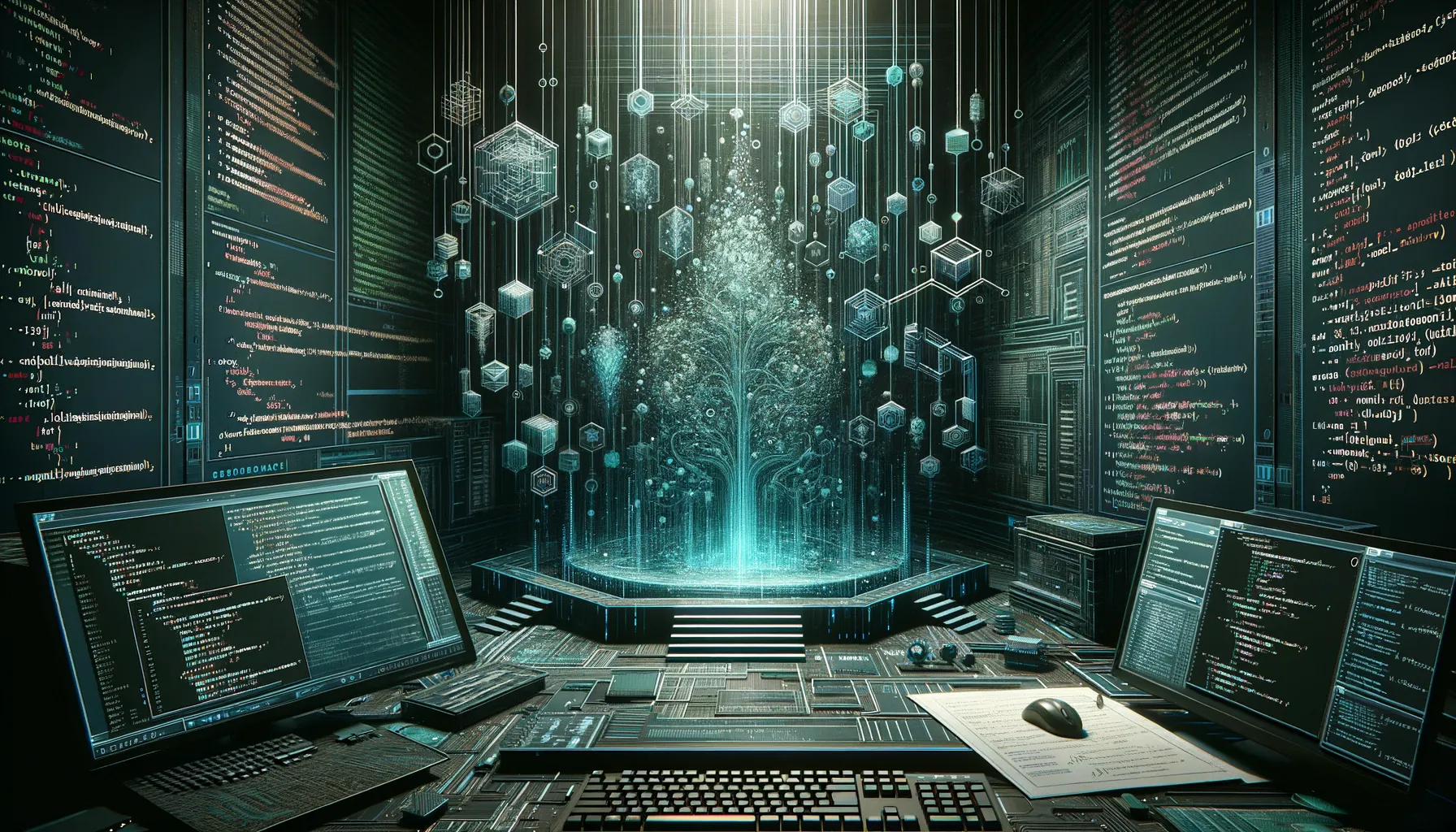 Dark tech artwork featuring data structures and binary code in teal accents.