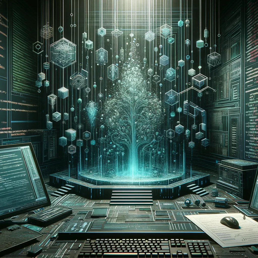 Dark tech artwork featuring data structures and binary code in teal accents.