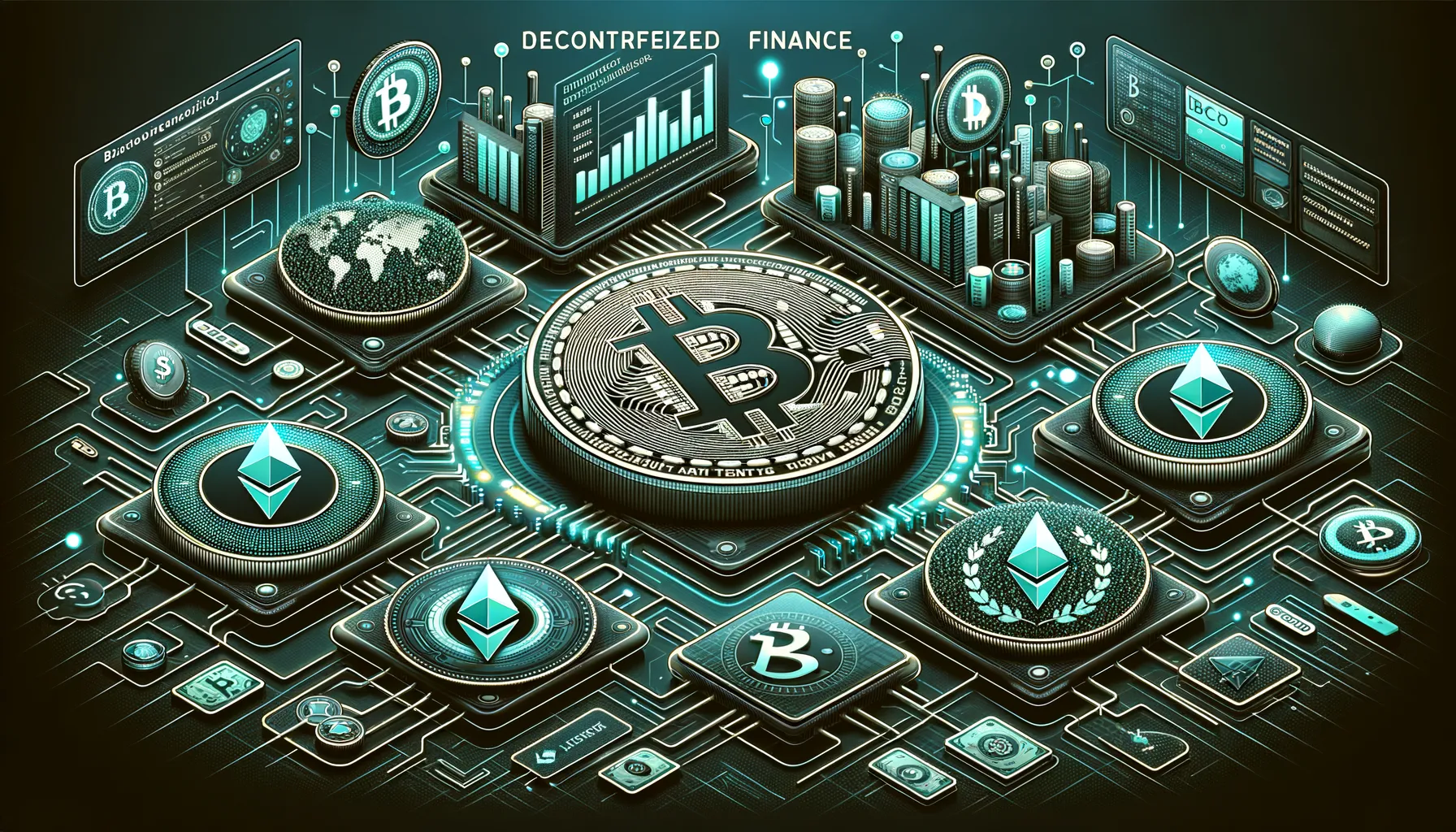 Dark banner with Bitcoin and Ethereum icons symbolizing decentralized finance's technological impact.