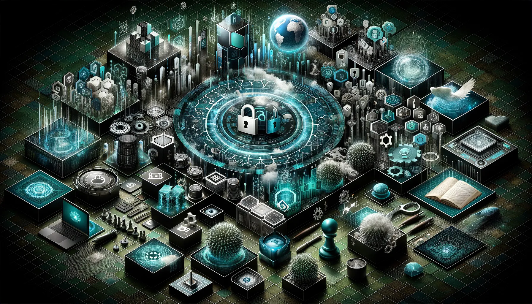 A digital collage representing data protection strategies with cybersecurity symbols, chess pieces, and tools.