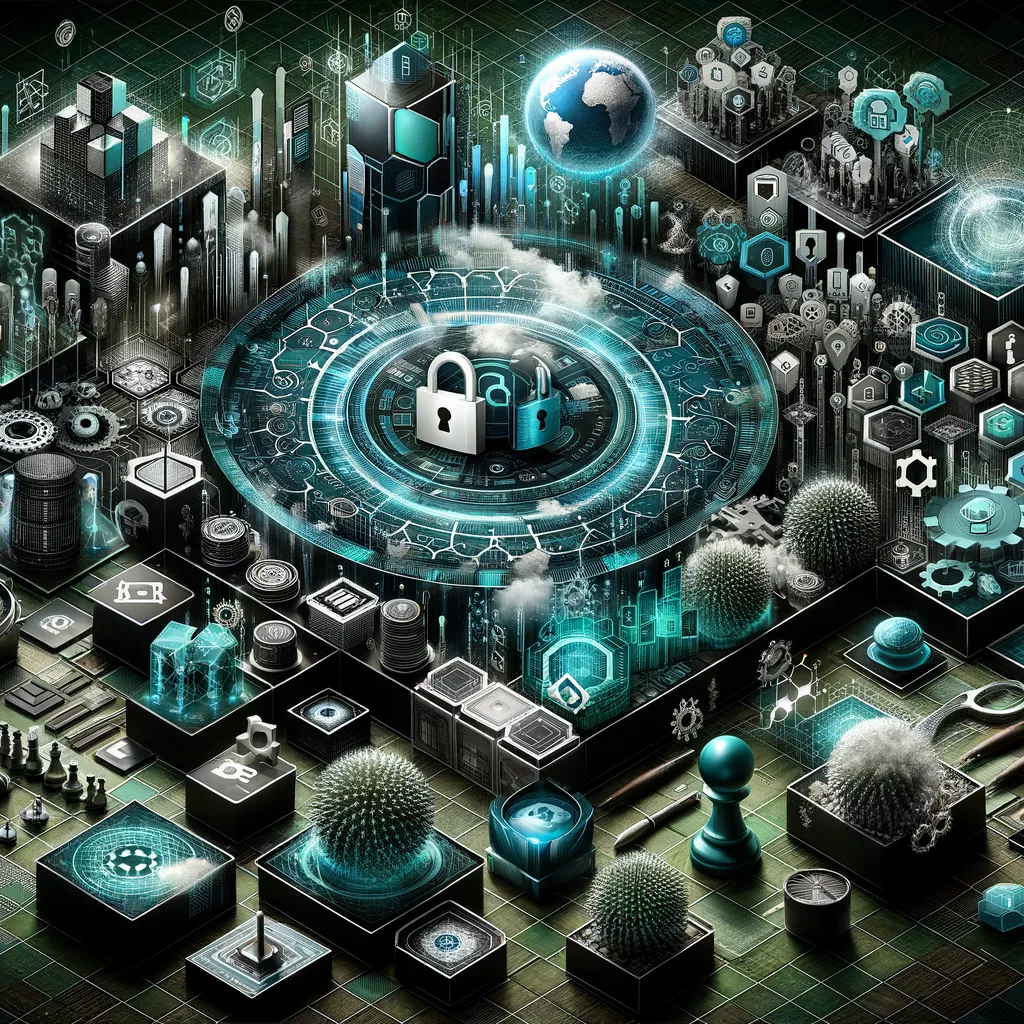 A digital collage representing data protection strategies with cybersecurity symbols, chess pieces, and tools.