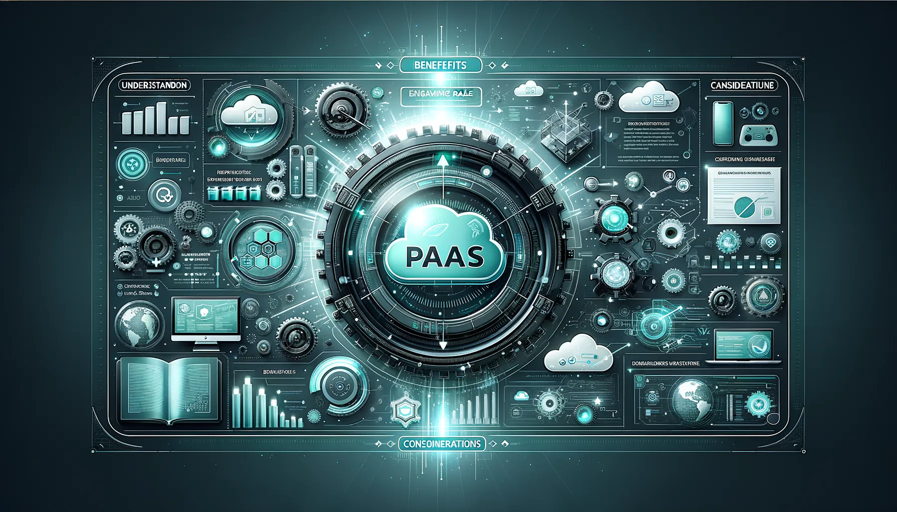 Dark tech-themed banner with light teal accents, highlighting benefits and considerations of PaaS for businesses.