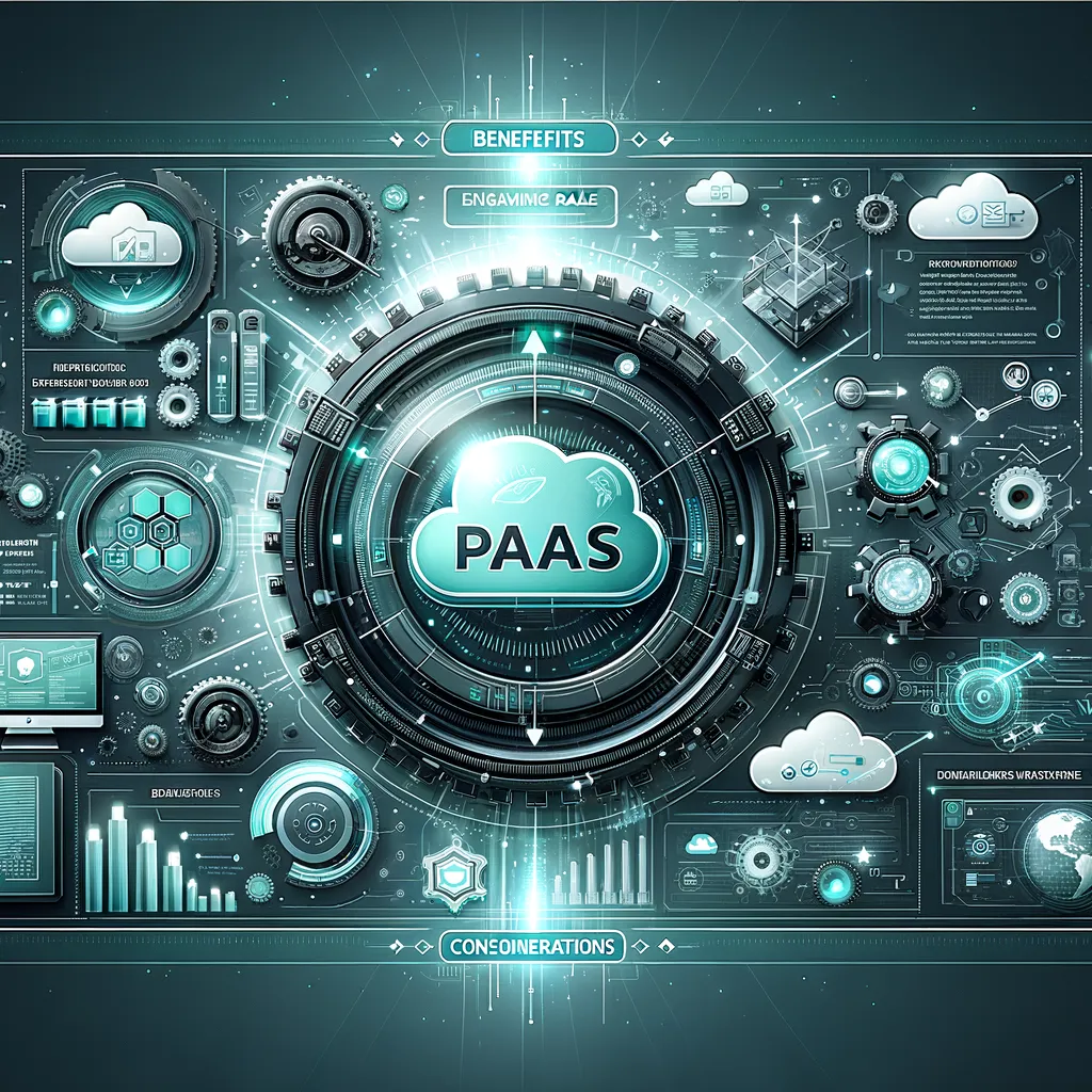 Dark tech-themed banner with light teal accents, highlighting benefits and considerations of PaaS for businesses.